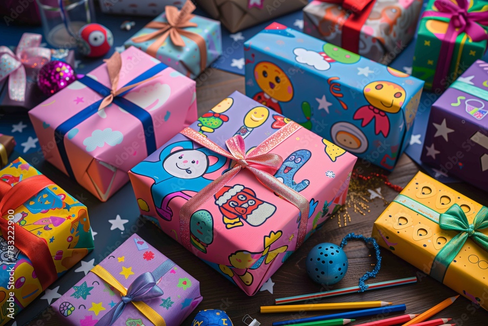 Collection of brightly wrapped presents, each with unique patterns and bows, amidst a playful setting of stars and toys, evoking childish delight.