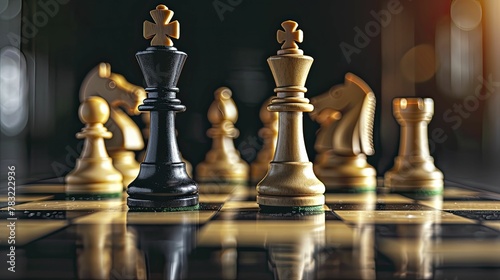 Experience the triumph of calculated decisions on a polished black chessboard with a king's final checkmate, symbolizing strategic business victory.