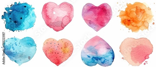 A set of watercolor hearts with different colors and sizes