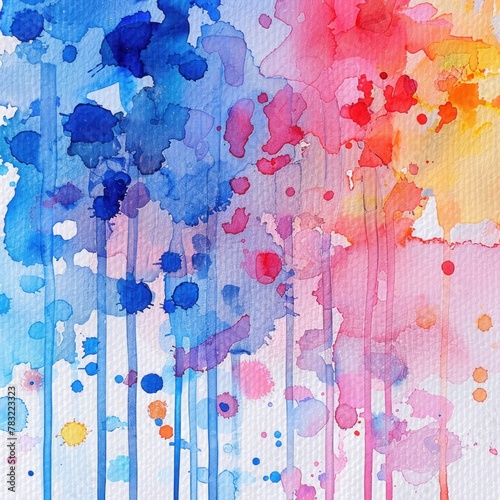 A painting of splatters of paint with a blue and yellow line
