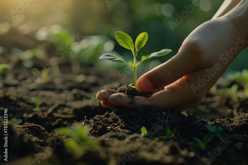 Green sprout vivid against dark soil, sustainability narrative, Hand cradles young plant, life in tender grasp, sun filters through, nurturing growth, hope in new beginnings, Earth's precious charge.