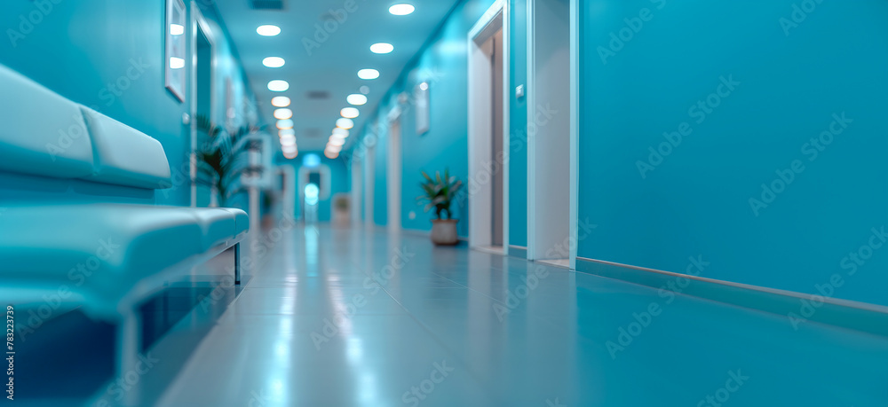 Long blue hallway in a contemporary medical facility