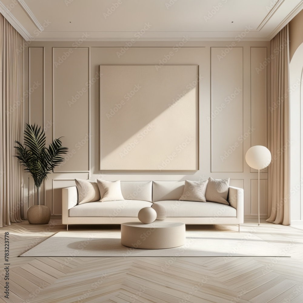 Living room interior with beige walls, wooden floor, beige sofa and round coffee table. 3d rendering mock up Living room interior with beige walls, wooden floor, beige sofa and round coffee table. 3d rendering mock up