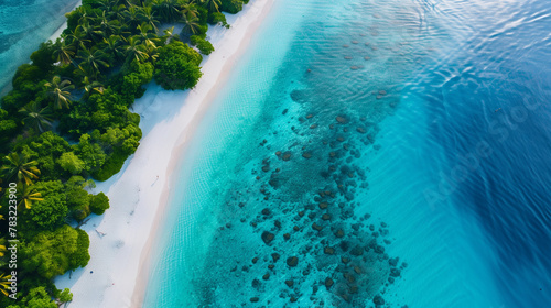 Bird's eye view of a white sand beach, tropical paradise with blue shallow water, green forest island