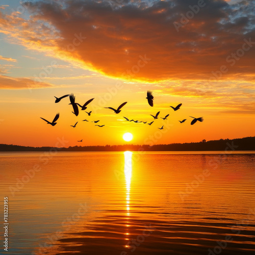 Wallpaper Mural Beautiful sunset on the lake with flying seagulls. Torontodigital.ca