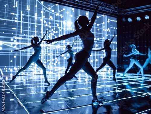 Cyberprotected ballet performance, dancers move within a safe digital theatre photo