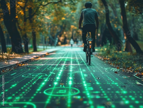 Ecofriendly bike rides through a datasecure path, blending green transport with cyber safety photo