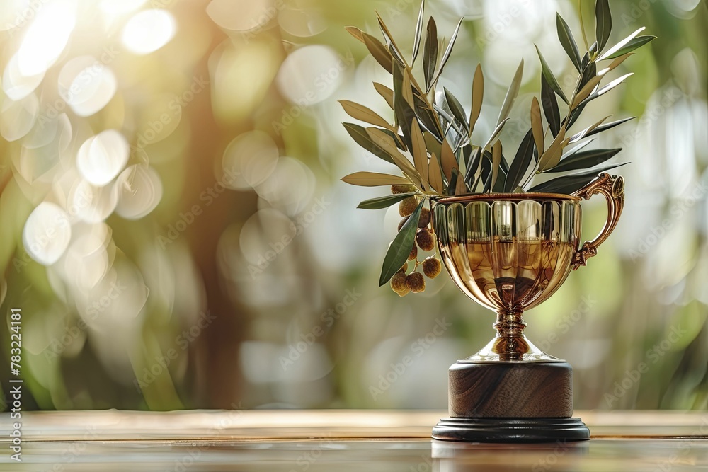 Minimalist design of a trophy with an olive branch, symbolizing peace and achievement in the competitive business world. Minimalist design of a trophy with an olive branch, symbolizing peace and achievement in the competitive business world.