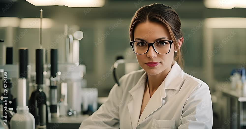 A focused female scientist wearing glasses and a white lab coat in a laboratory environment A focused female scientist wearing glasses and a white lab coat in a laboratory environment