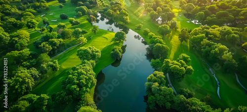 Golden hour over a verdant golf course with idyllic ponds