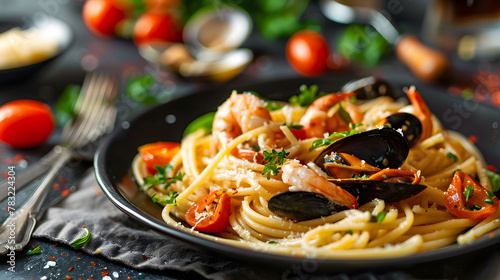 A plate of spaghetti with shrimp and mussels