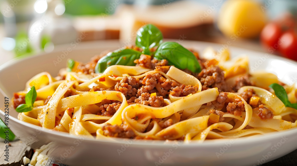 A plate of spaghetti with meat sauce is cooking in a pan A plate of spaghetti with meat sauce is cooking in a pan