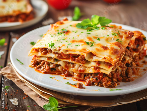 A plate of lasagna with meat and cheese