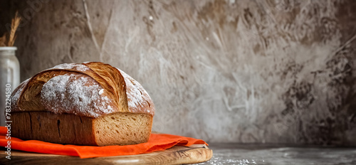 Panificio Artigianale- Pane Fresco di Frumento su Tagliere di Legno, sfondo rurale photo