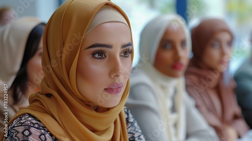 Mixed-race and Middle Eastern women in hijab discuss strategies at a business meeting