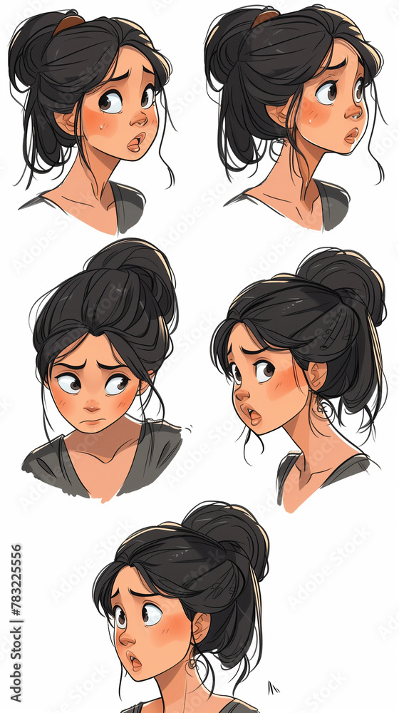 Emotional expression study of a female character with dark hair in a ponytail, featuring twelve different reactions in a minimalist style on a neutral background.
Emotional expression study of a female character with dark hair in a ponytail, featuring twelve different reactions in a minimalist style on a neutral background.
