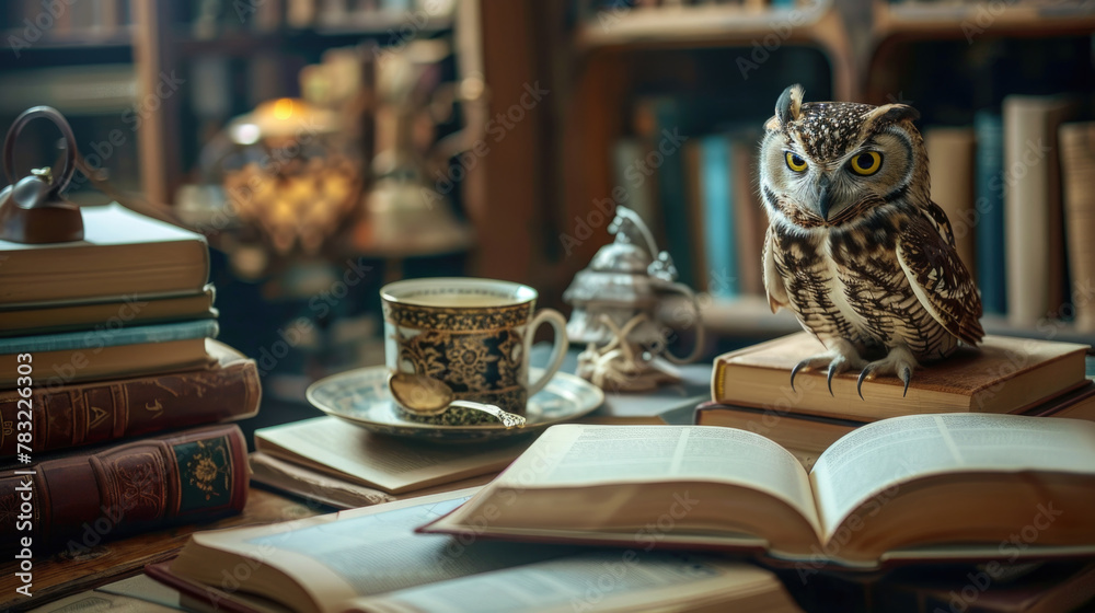 An owl is perched atop a tall stack of books, looking curiously into the distance