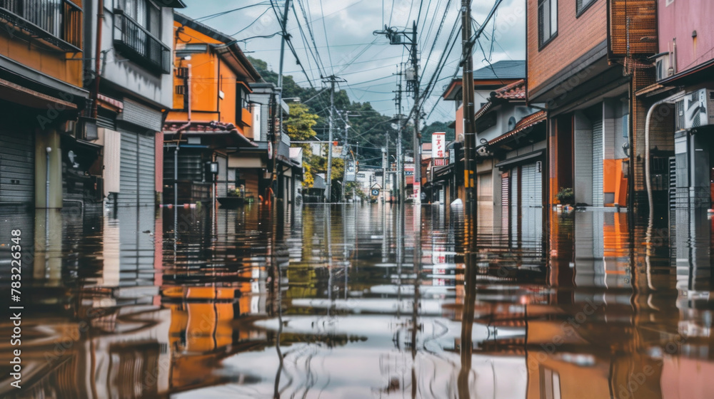 A flooded street with residential houses in the background, surrounded by water. Power lines stretch across the scene, hinting at the impacts of flooding on infrastructure