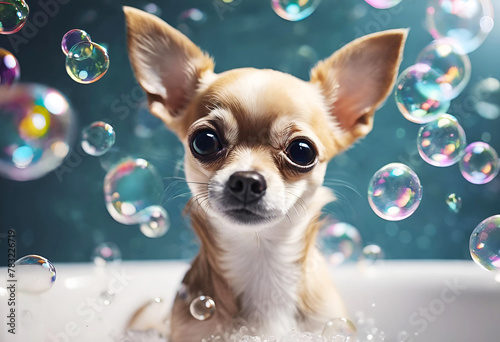Adorable Bubbly Chihuahua Puppy Sitting in a bubble-filled bathtub.