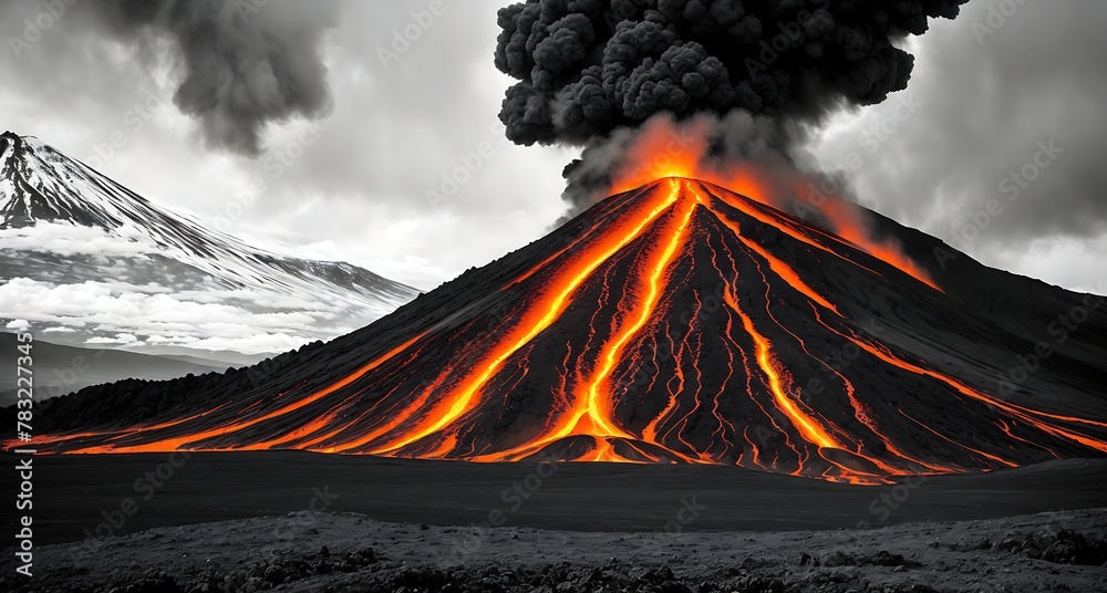 A volcano with lava flowing down its side. The sky is dark and stormy, with clouds gathering overhead. The volcano is