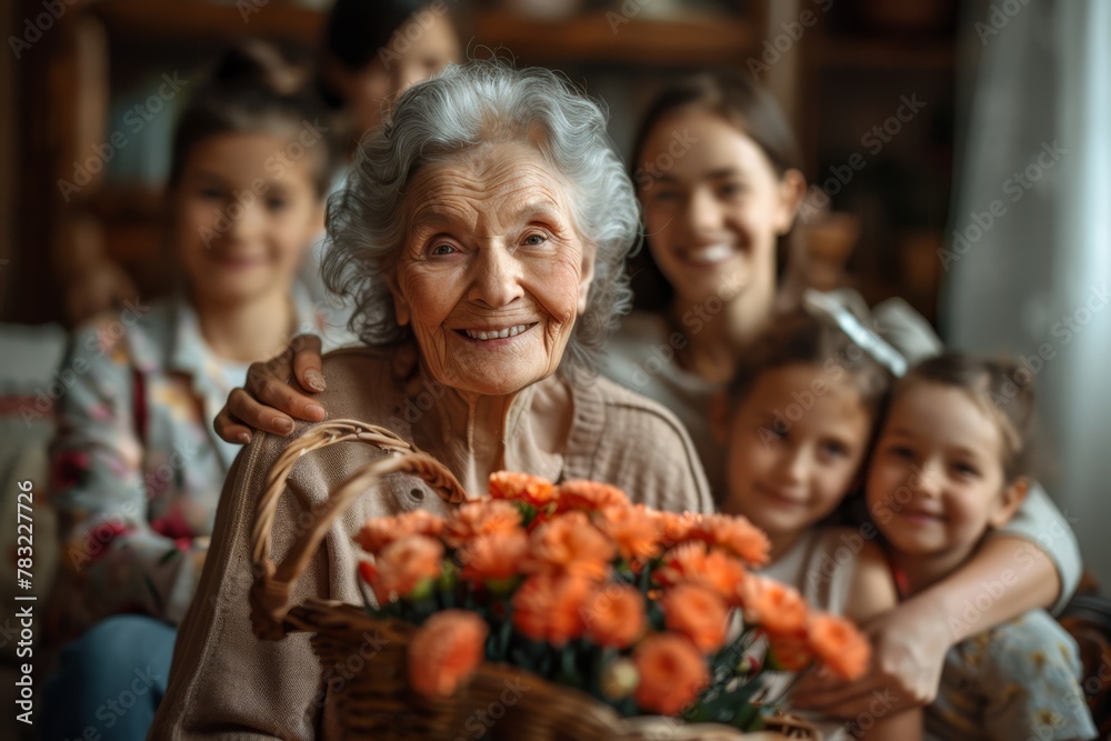 Grandmom and children on Mother's Day. Grandmother and grandchildren on Mother's Day. Old Mother and kid on Mother's Day. Mother's Day carnations Grandmom and children on Mother's Day. Grandmother and grandchildren on Mother's Day. Old Mother and kid on Mother's Day. Mother's Day carnations