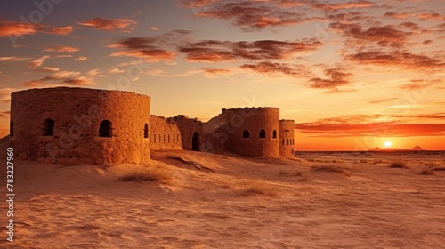 Fortress in arid setting at sundown