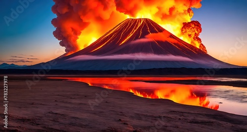 A volcano erupting with lava flowing down its sides. The sky is orange and the sun is setting behind the volcano. photo