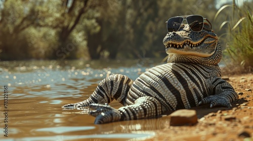 A snappy crocodile in zebra print swim trunks, lounging by the riverbank with sunglasses, soaking up the sun