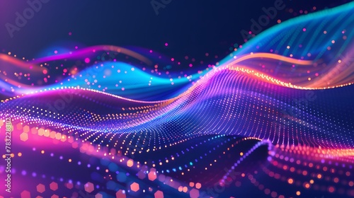 Abstract Waving Particle Technology Background Design. Abstract wave moving dots flow particles, hi-tech and big data background design for brochures, flyers, magazine, business card, banner.