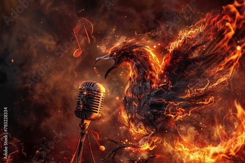 An edgy, animated phoenix rising from flames, clutching a microphone, with ash and embers forming a treble clef in the air