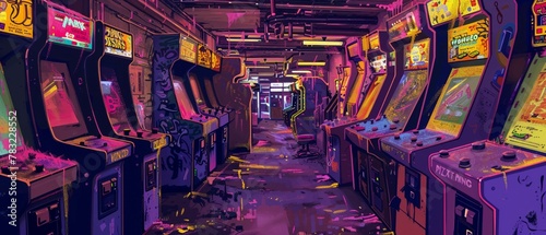 Create an image of a 90sstyle arcade adorned with chainsaw carvings of financial symbols, with drip paintings depicting the thrill of investing photo