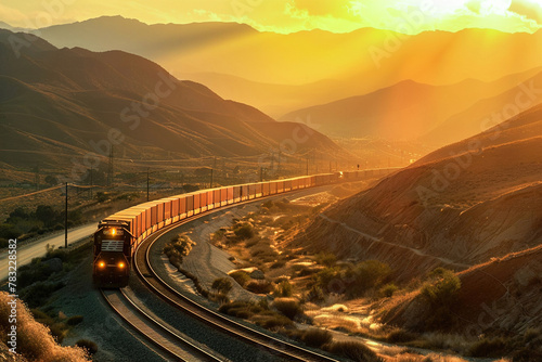 A freight train traverses a remote mountain pass, its cargo containers casting shadows under a golden sunset.