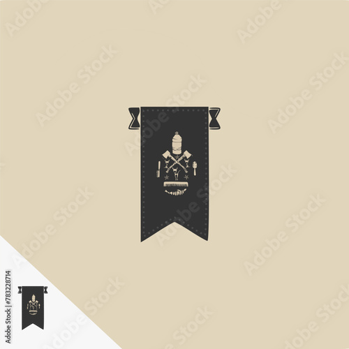  label design with ethnic elements. Alcohol industry emblem, distilling business. white on black.