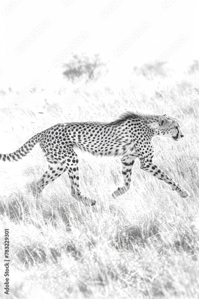 Naklejka premium A cheetah energetically dashes through a field of tall grass in pursuit of prey, showcasing its incredible speed and agility