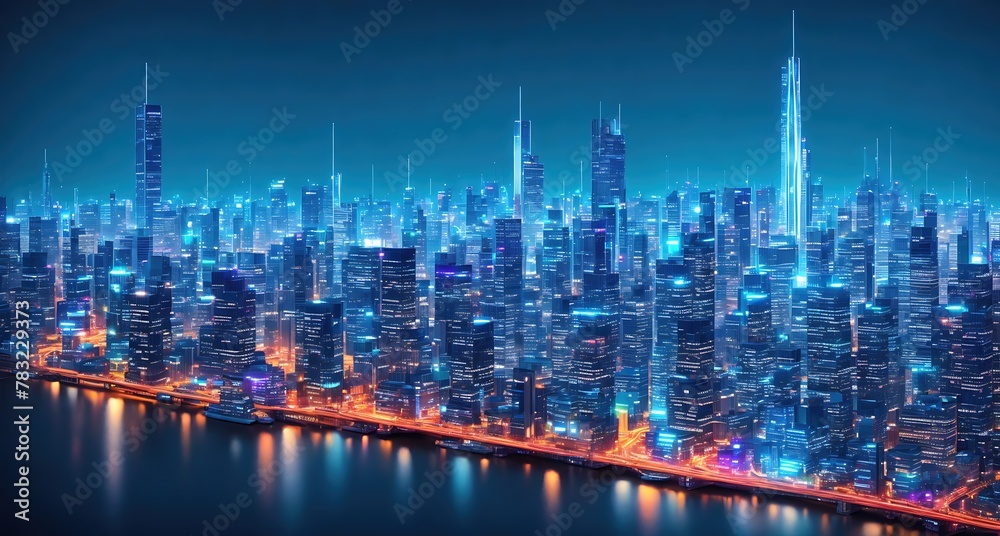 A futuristic city skyline at night with brightly lit buildings and a river running through it.