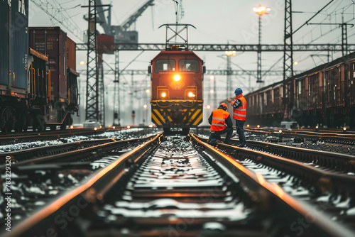 Railway engineers inspect tracks as a freight train passes by, meticulous maintenance, safe and efficient rail transportation.