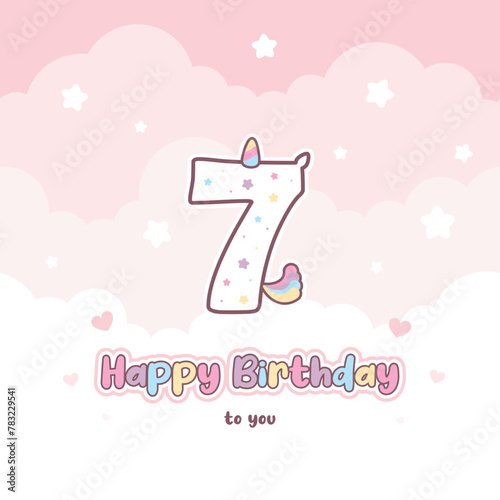 Vászonkép Seventh birthday greeting card with cute unicorn number