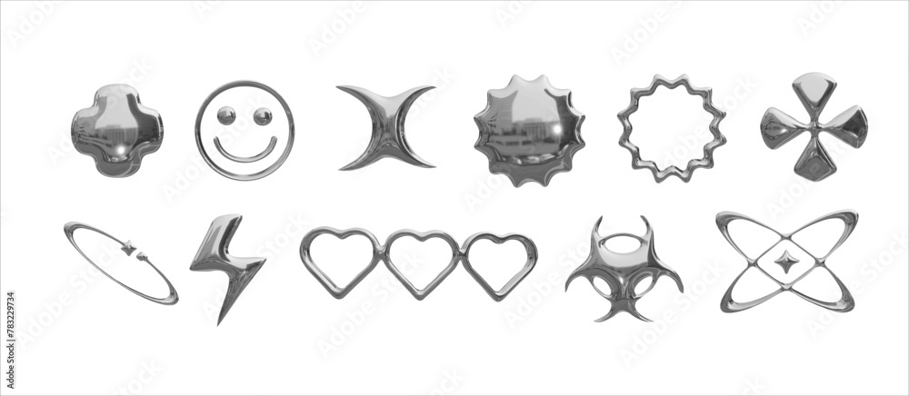 y2k isolated chrome metal elements set. Set of trendy 3D steel elements on a transparent background