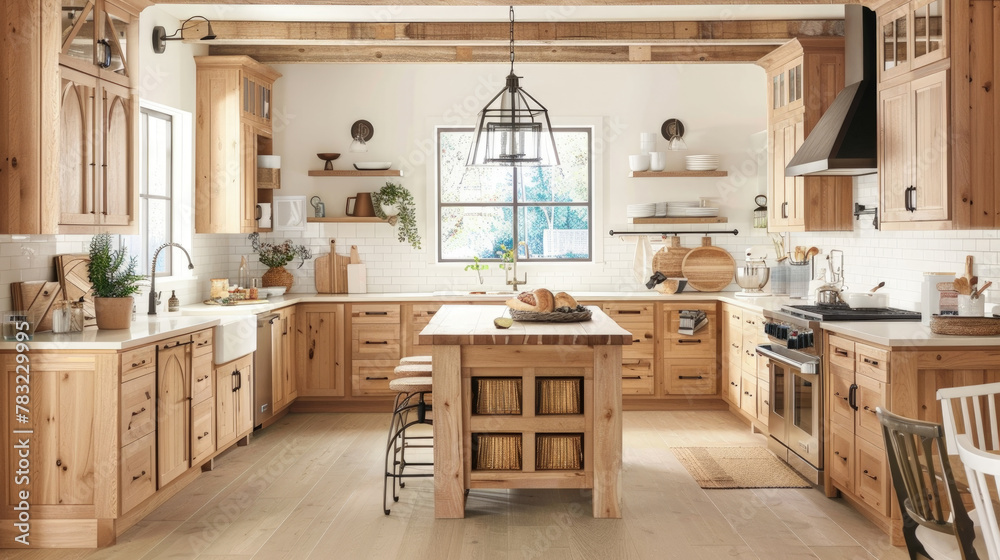 A kitchen featuring wooden cabinets and white walls, creating a clean and contemporary look