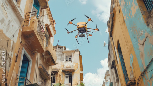 A yellow and black remote controlled drone hovers over a bustling urban street, showcasing modern technology in action photo