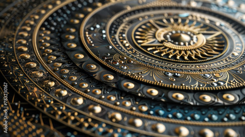 A detailed view of a circular metal object taken from up close, showcasing its texture and intricate design