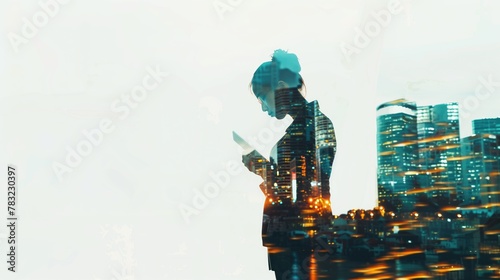 Modern human silhouette against urban multi storey megapolis city lights and buildings background as a symbol of mental health through busy and stressful lifestyle