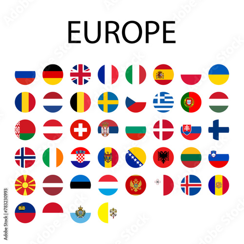 Round flags of European countries. 44 countries with their capital city on the European continent