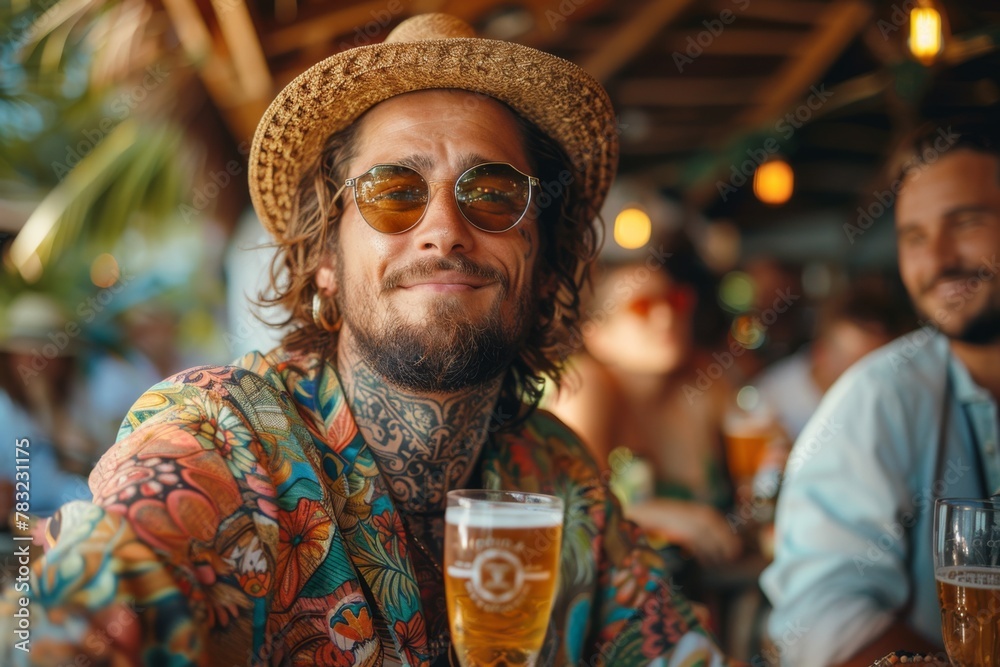 Fototapeta premium Stylish man with tattoos and straw hat enjoying a beer at a tropical bar.