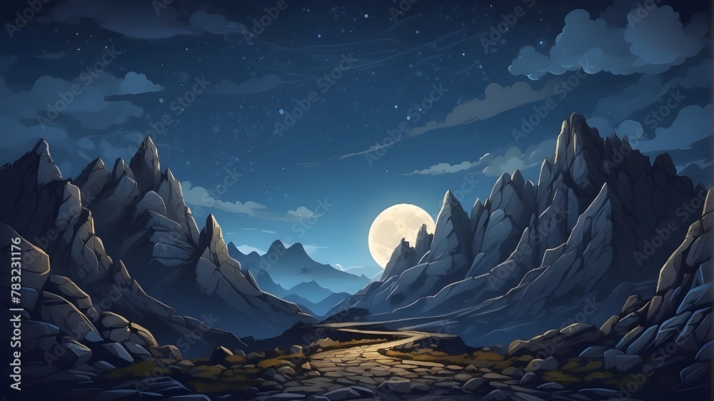 A route winds through the nighttime mountains, leading to rocky hills beneath a starry sky dotted with clouds and a full moon. Cartoon vector image of a road and rocks in a dark blue dusk environment  - obrazy, fototapety, plakaty 