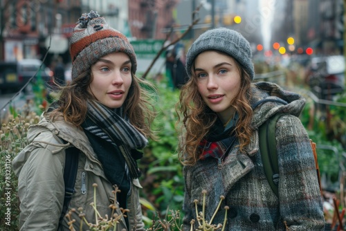 Twin sisters exploring urban greenery, wearing woolen hats and plaid coats. photo