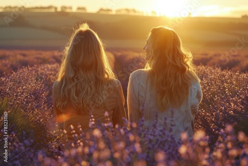 Two women from behind admiring a sunset over a vibrant lavender field.