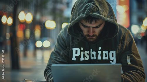 copy space, stockphoto, person with hoody, criminal mood, working on a laptop, IT background, text 