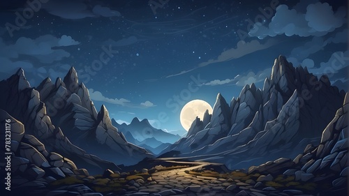 A route winds through the nighttime mountains, leading to rocky hills beneath a starry sky dotted with clouds and a full moon. Cartoon vector image of a road and rocks in a dark blue dusk environment 