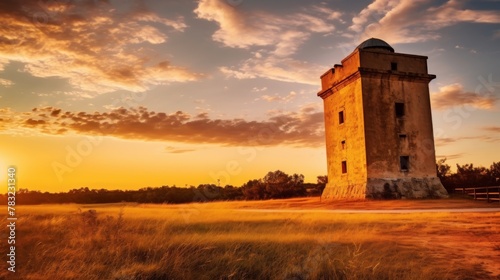 Fort tower bathed in golden hour light